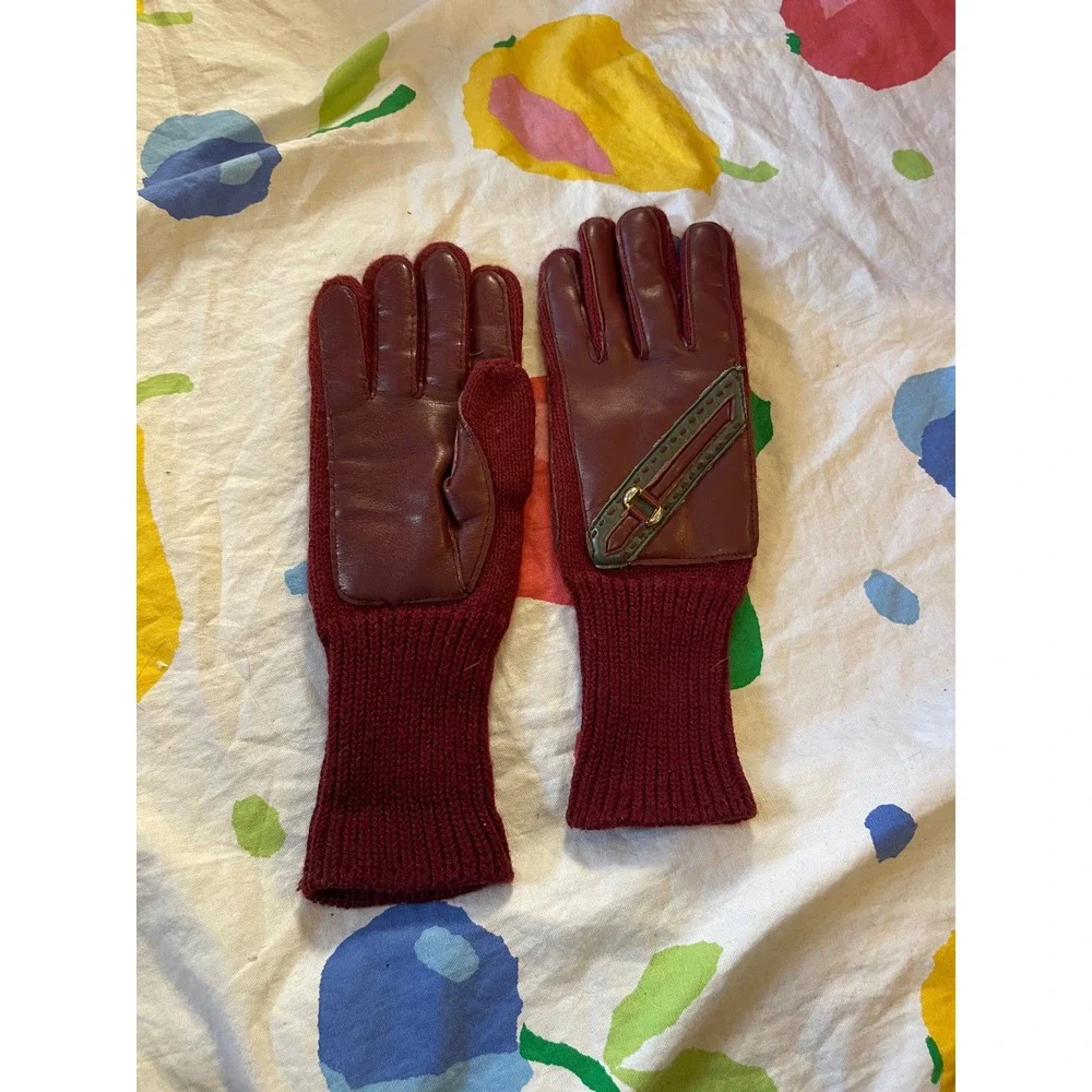 Vintage‎ Womens Burgundy faux Leather Knit Gloves Cozy Winter Fashion Accessory